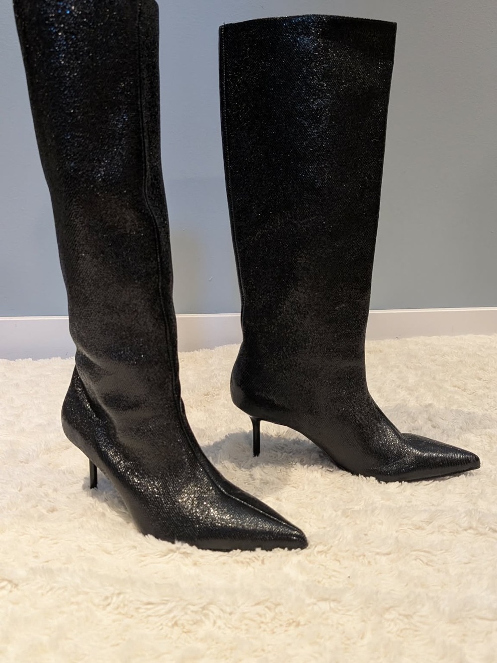 Zara Black Glitter Knee-High Pointed Stiletto Boots